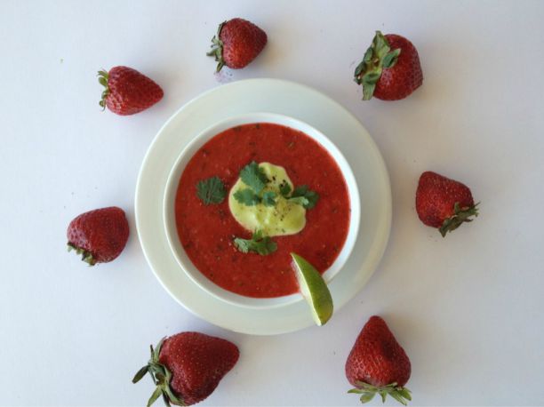 Strawberry Gazpacho with Cilantro Sour Cream